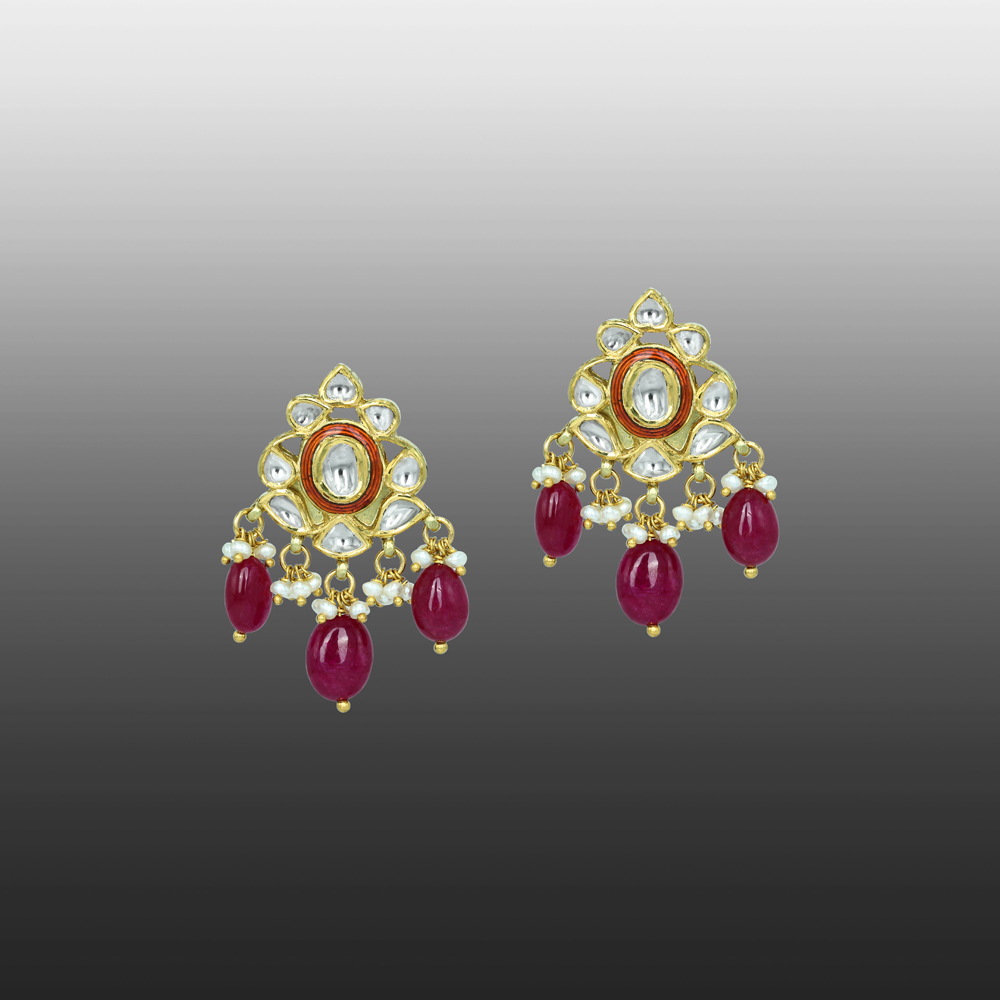 Polki Earrings with Red Enamel, Ruby Drops, and Pearls